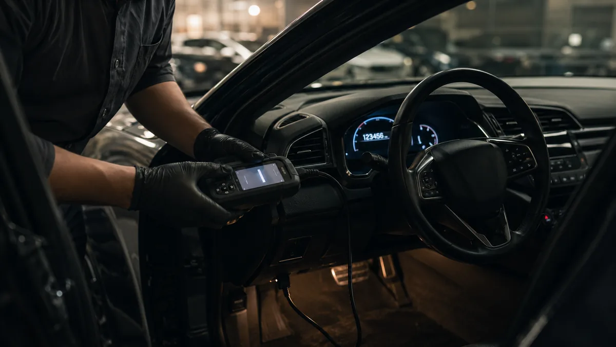 A used-car dealer rolling back a digital odometer with an OBD tool plugged into the dashboard