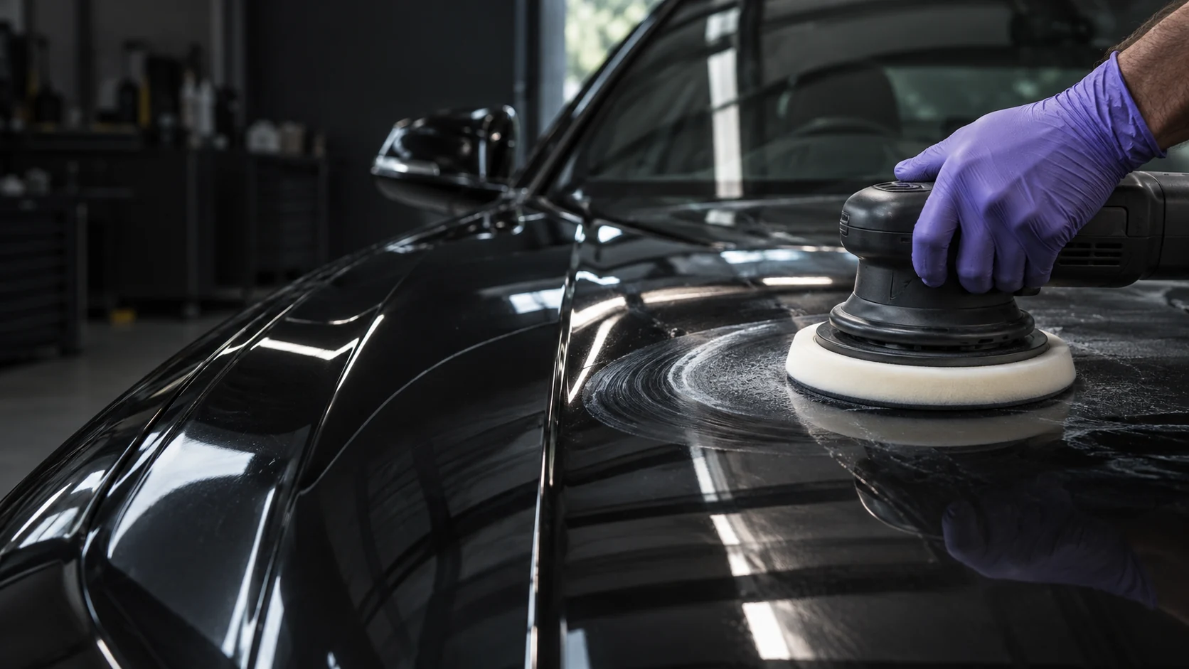 A detailer polishing a car panel