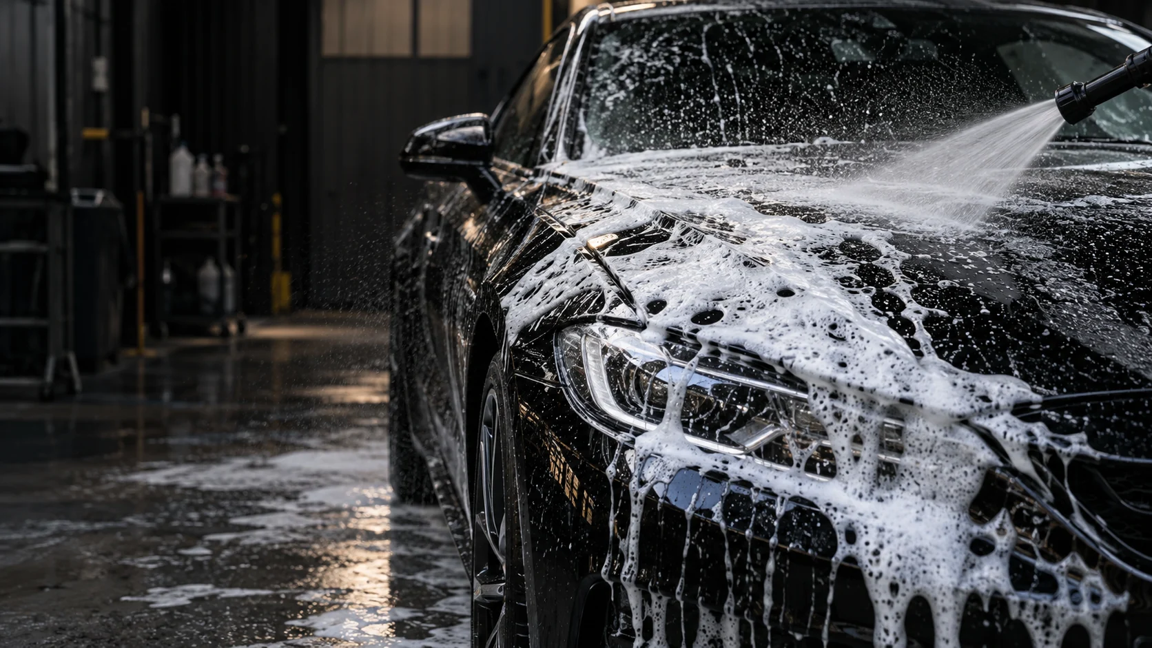 Black car covered in wash foam being rinsed with a pressure washer