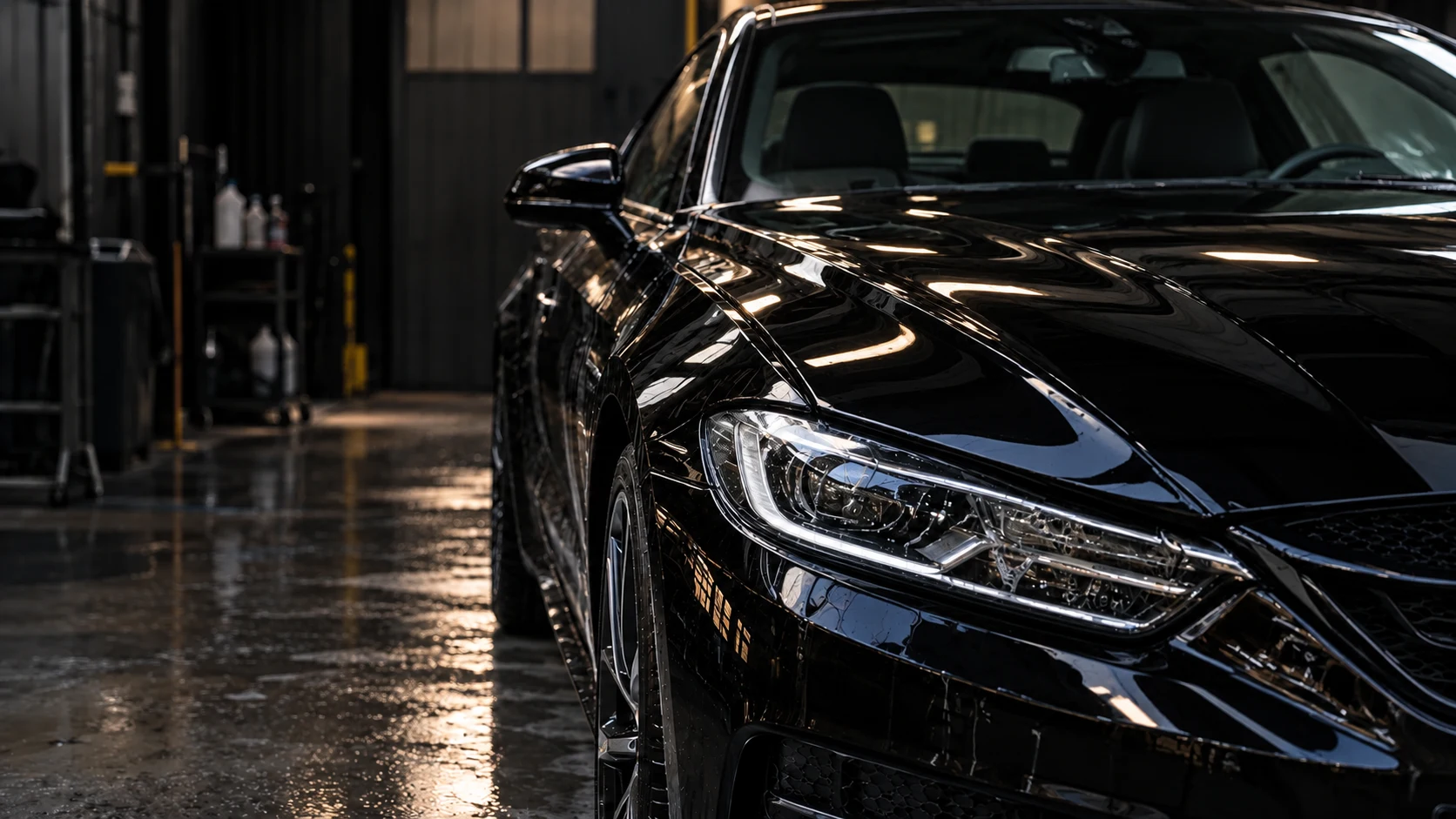 Clean, glossy black car in a detailing bay after a wash